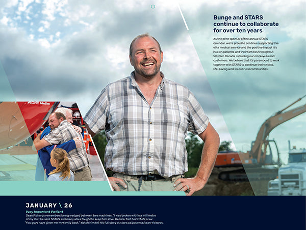 The January cover image from the 2026 STARS Calendar featuring a portrait of STARS Very Important Patient Sean Rickards. An inset photo shows Sean hugging STARS pilot Dave Harding. Bunge has contributed a headline stating "Bunge and STARS continue to collaborate for over ten years." with associated messaging from our sponsor.