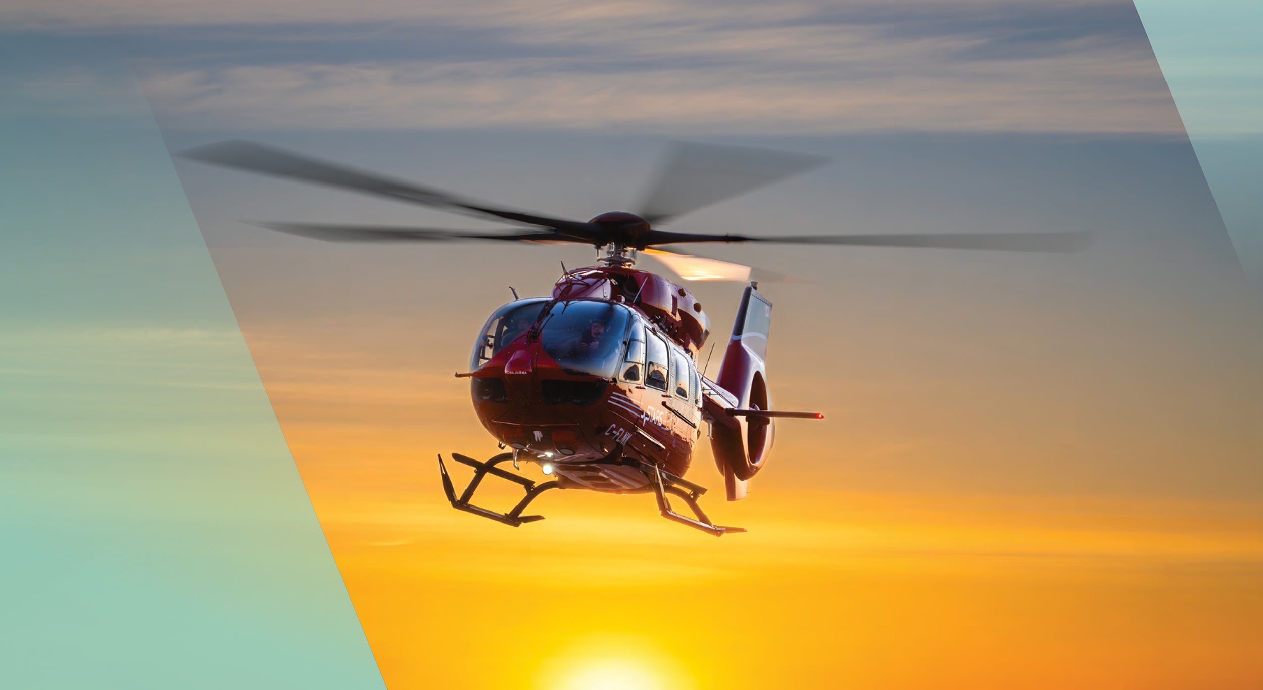 A treated image of a STARS H145 helicopter at sunrise, taken from the cover of the 2025 STARS calendar.