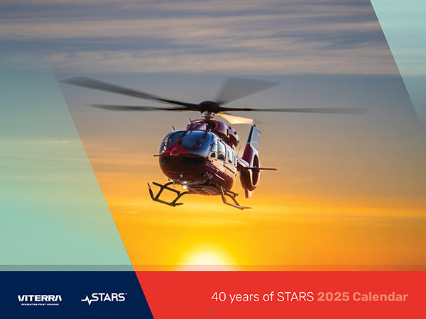 Cover of the 2025 STARS Calendar showing one of our H145's hovering at sunrise.