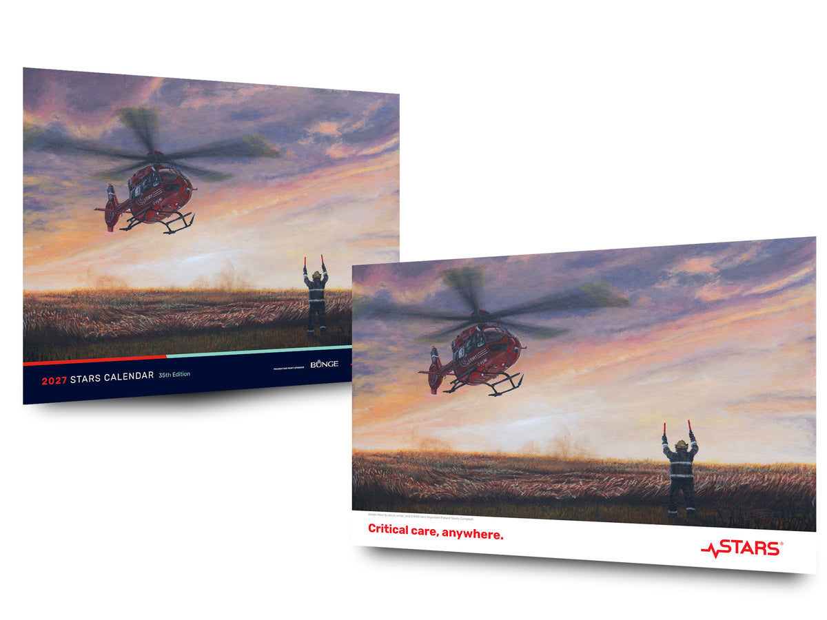 Printed calendar cover and the poster shown on a white background, featuring an artistic scene of a helicopter over a field at sunset with a person standing in the distance. The left cover reads '2027 STARS CALENDAR' and the right cover shows the 'STARS' brand mark and the phrase 'Critical care, anywhere.