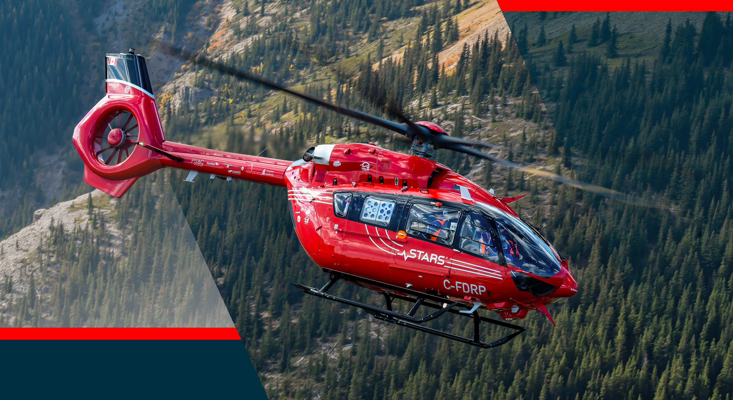 A designed cover hero image of a STARS H145 Air Ambulance flying in the foreground in front of a treed mountainside. The image is the same as the one used for the cover of the 2026 STARS calendar. It includes colour blocked brand elements from the STARS visual identity overlaid.
